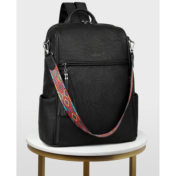 Women's Pure Black Retro Style Backpack Designer 15.6 inch PU Leather Laptop Bag - Picture 6 of 7